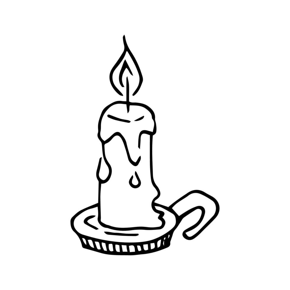 Hand drawn doodle candle with fire. Black and white vector clipart