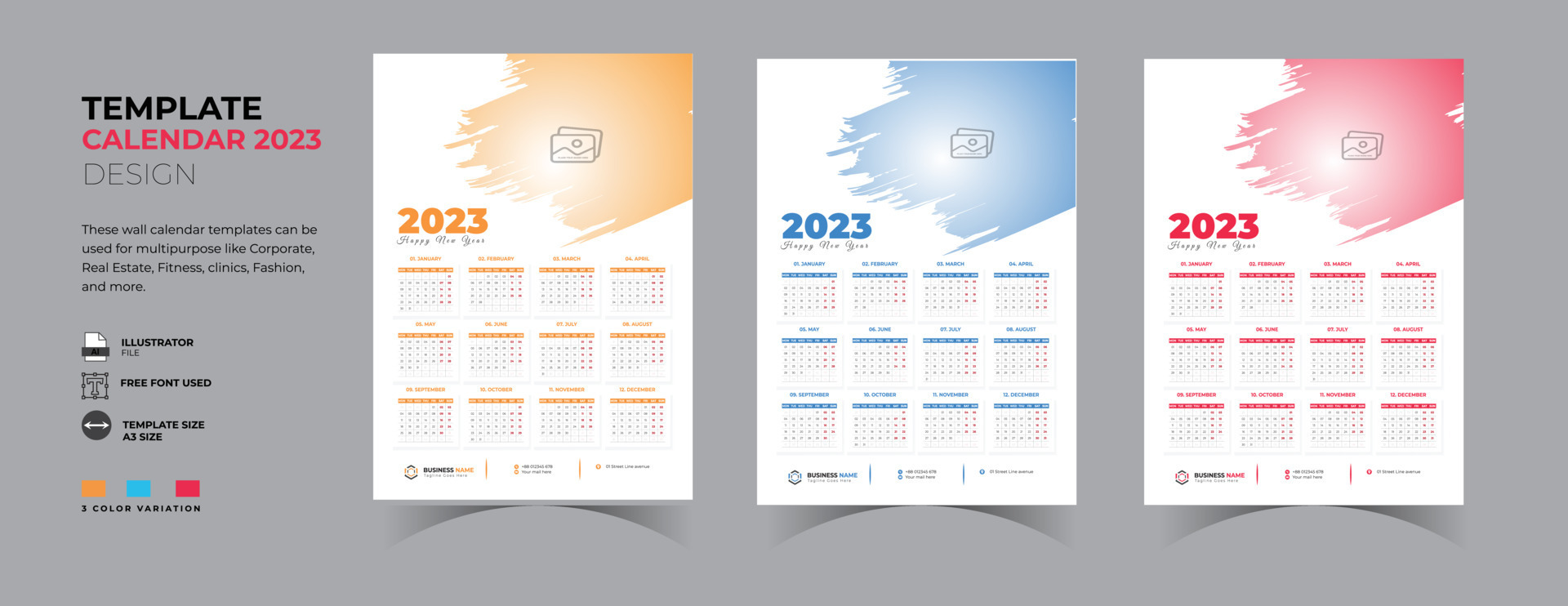 2023 One Page Wall Calendar 3 color variations calendar design 11204919