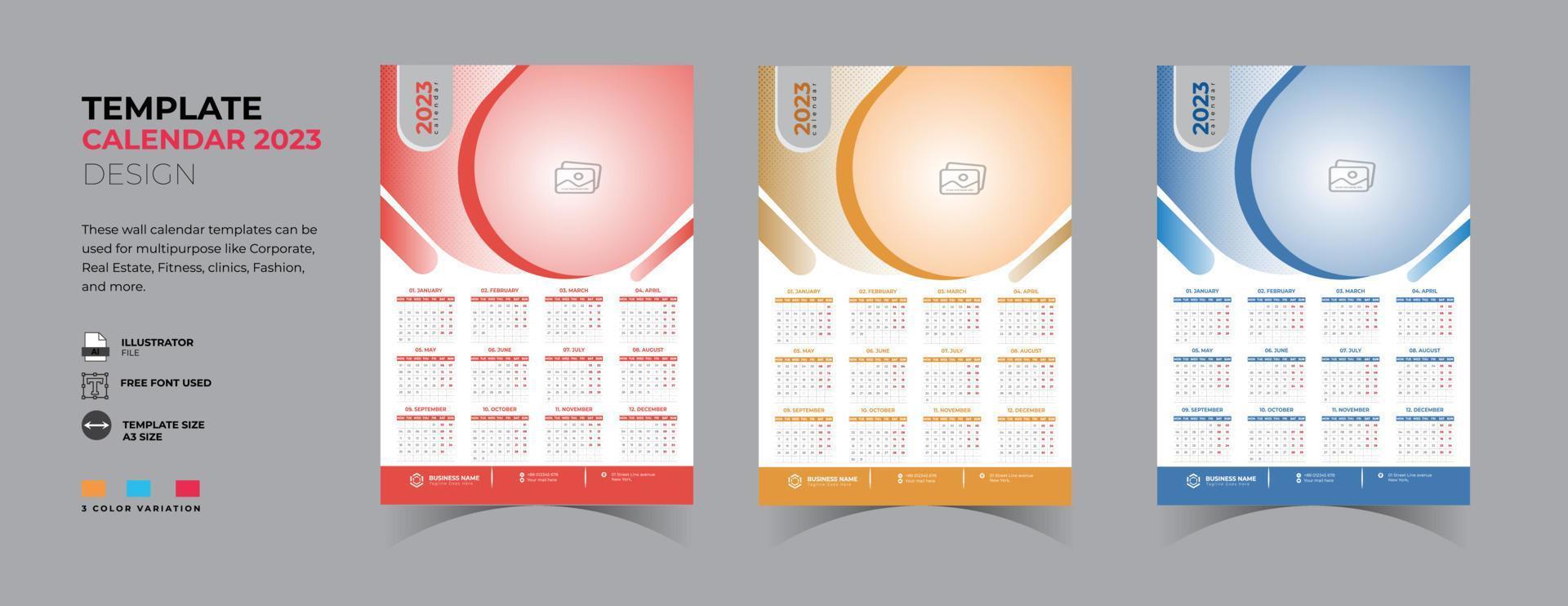 2023 calendario de pared de una página 3 variaciones de color diseño de calendario vector