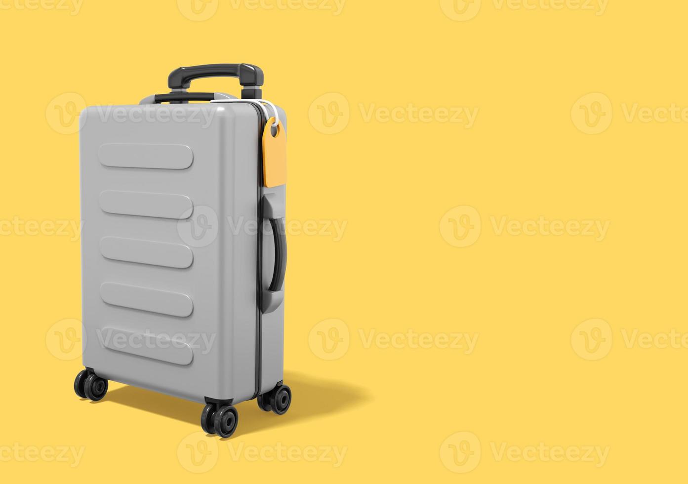 Travel luggage. Realistic gray suitcase on yellow background with space for text. 3d rendering. photo