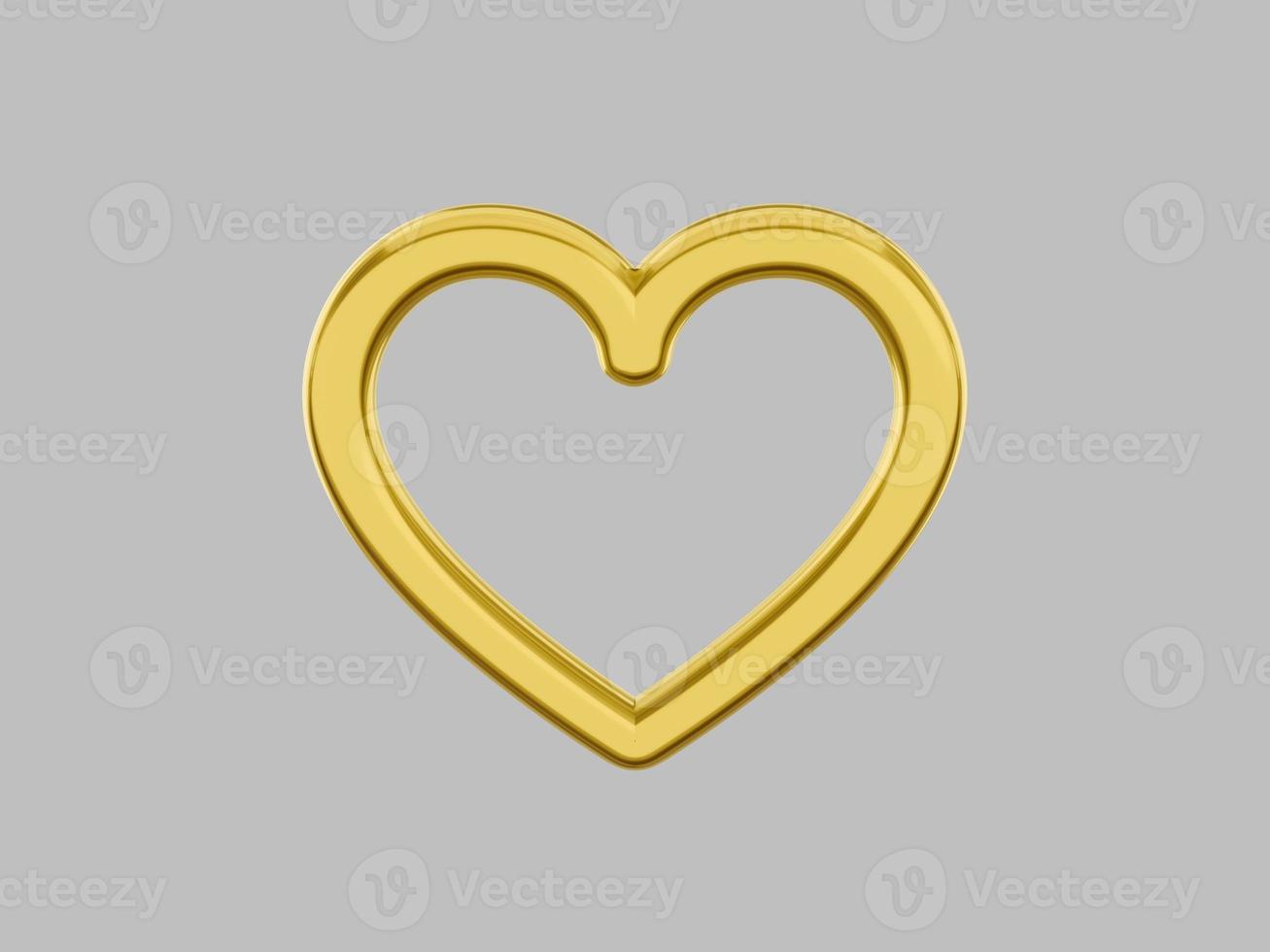 Toy metal heart. Symbol of love. Golden mono color. On a gray flat background. Front view. 3d rendering. photo
