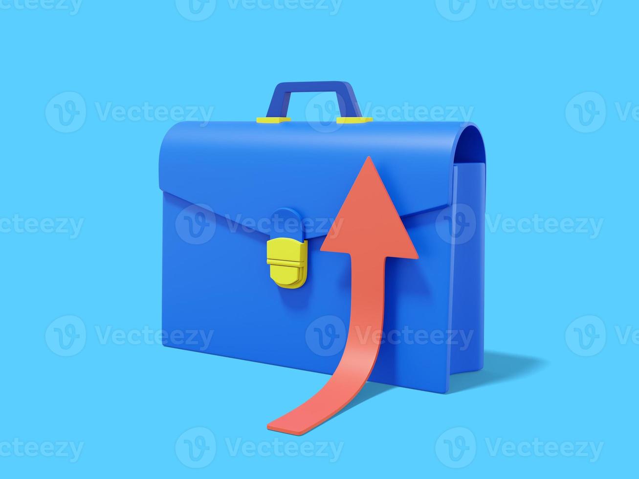 Blue briefcase with rising red arrow on blue background. Portfolio icon. 3D rendering. photo