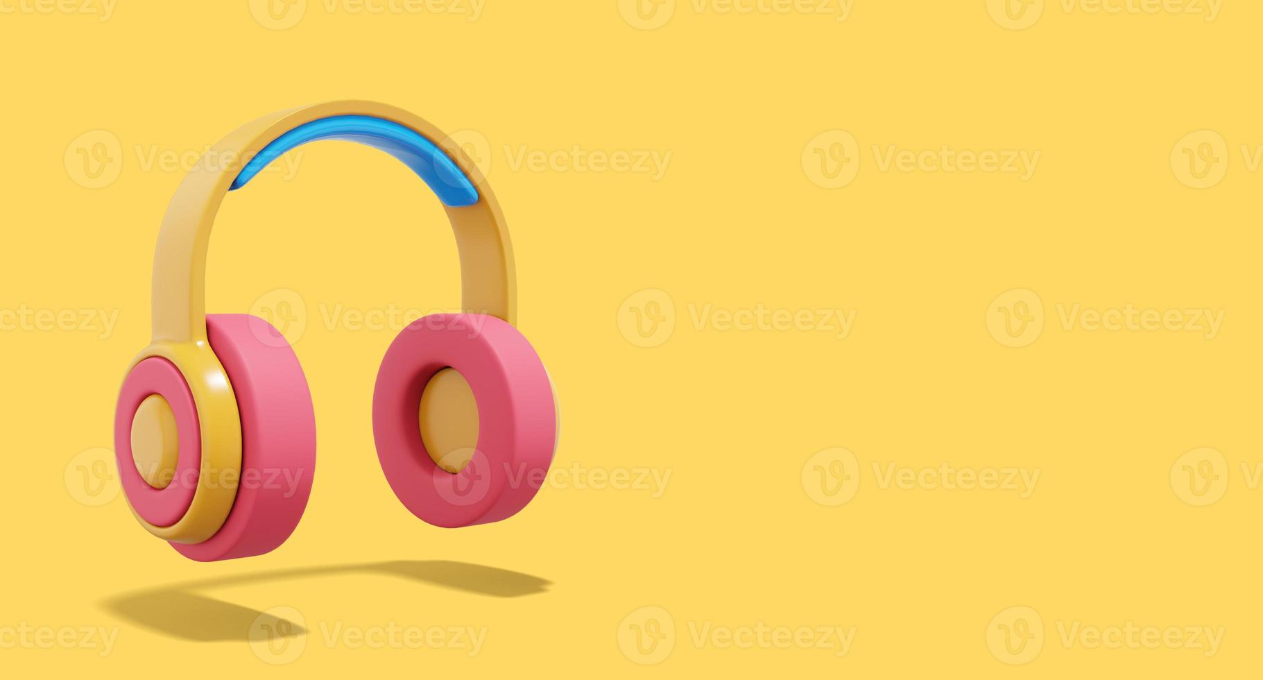 3d rendering. Multicolored headphones on yellow background with space for text. photo