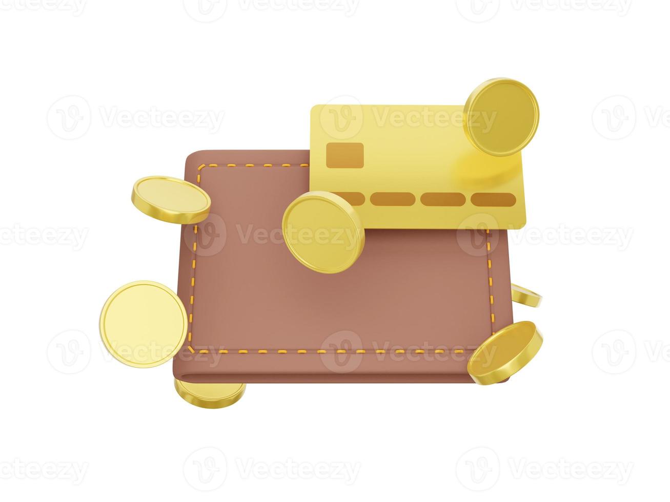 ahorro, icono de enriquecimiento. billetera cerrada con tarjeta de crédito y monedas voladoras sobre un fondo blanco. concepto de pago. representación 3d foto