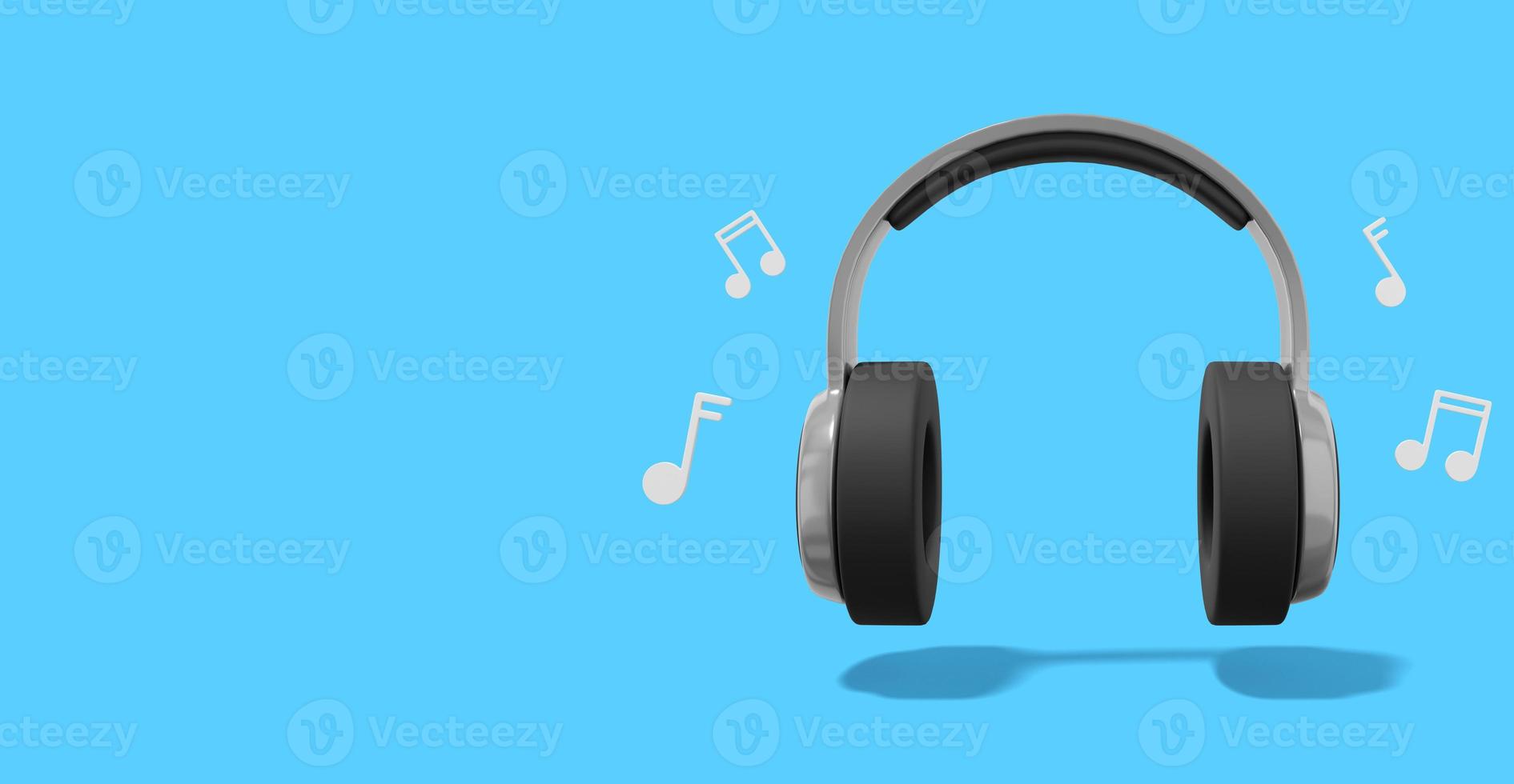 3d rendering. Realistic gray headphones with musical notes on blue background with space for text. Front view. photo
