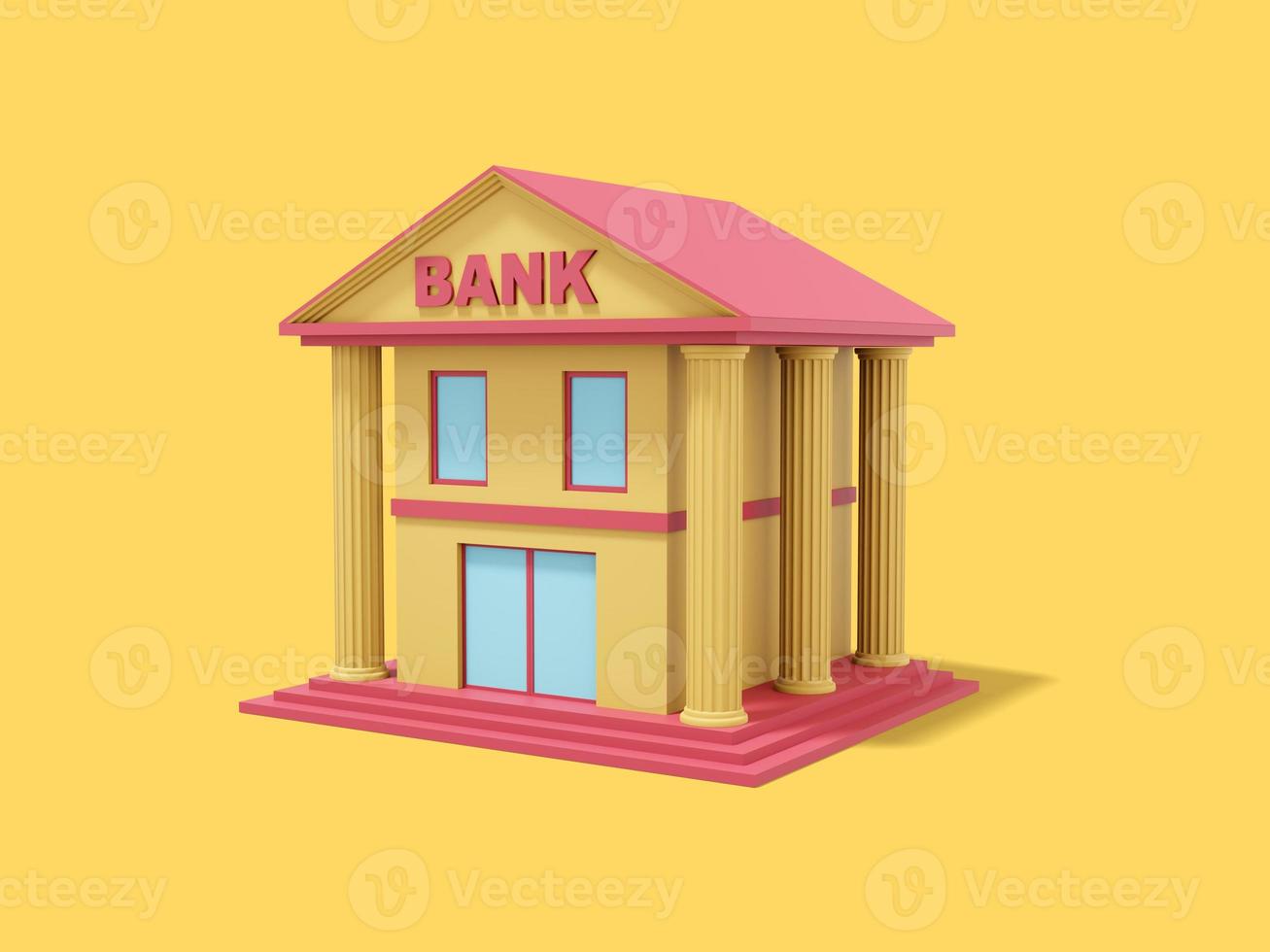 banco amarillo con techo rojo, edificio con columnas, sobre fondo amarillo. vista isométrica. representación 3d foto