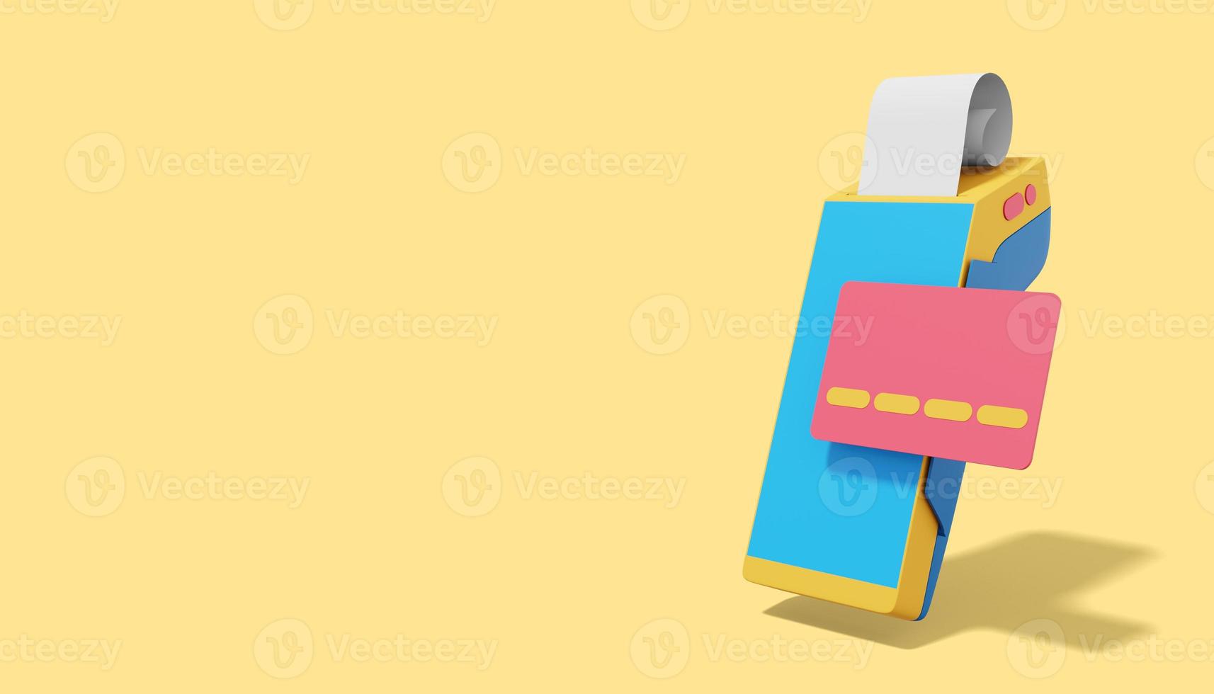 Colorful POS terminal with credit card and check. Modern machine for cashless payment. Device for NFC pay. 3D rendering on the yellow background, banner with space for text. photo