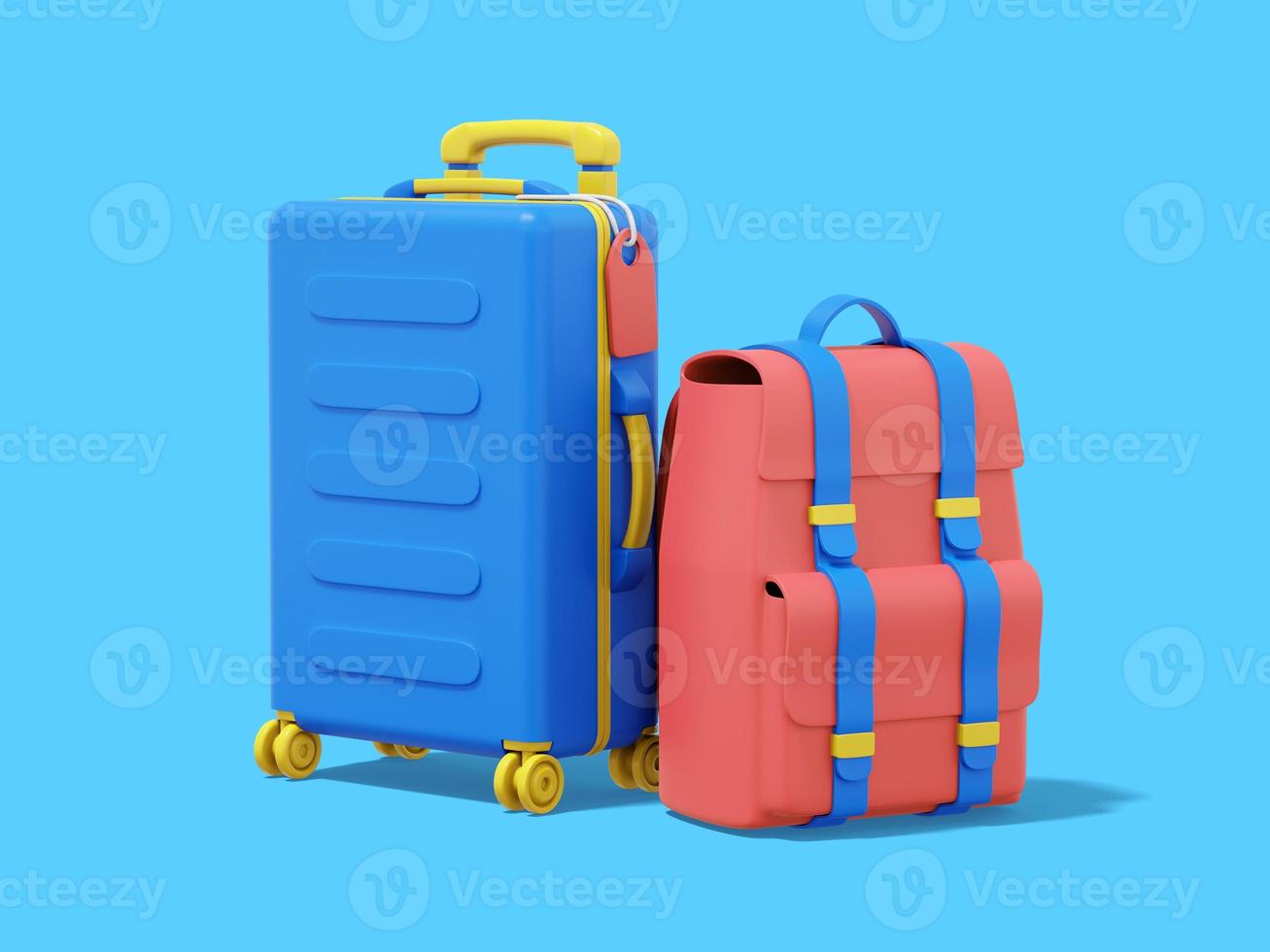 3d rendering. Multicolored suitcase and tourist backpack on blue background. photo