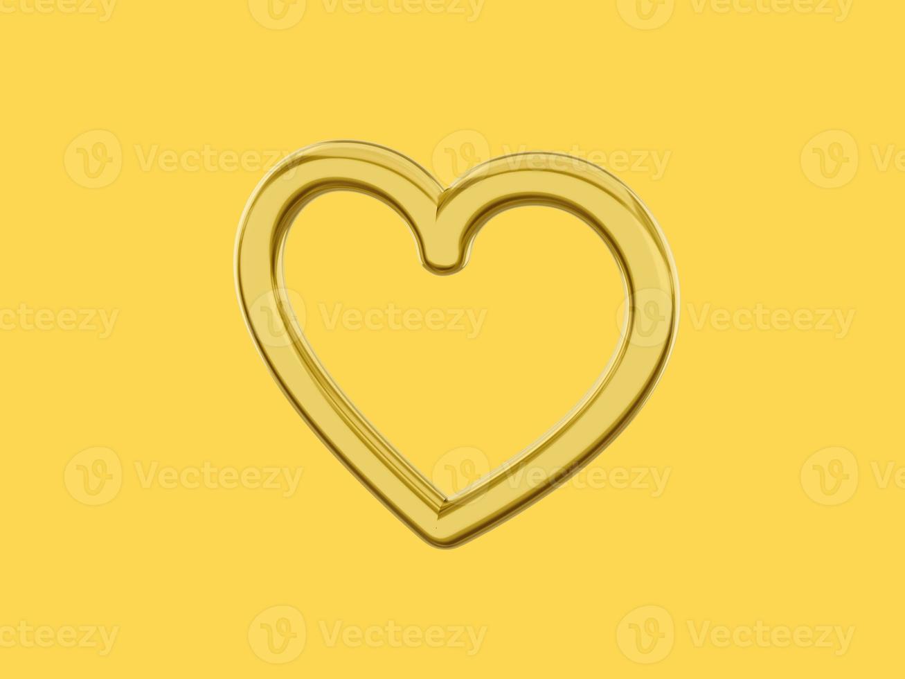 corazón de metal de juguete. color dorado único. símbolo de amor. sobre un fondo amarillo sólido. vista lateral derecha. representación 3d foto