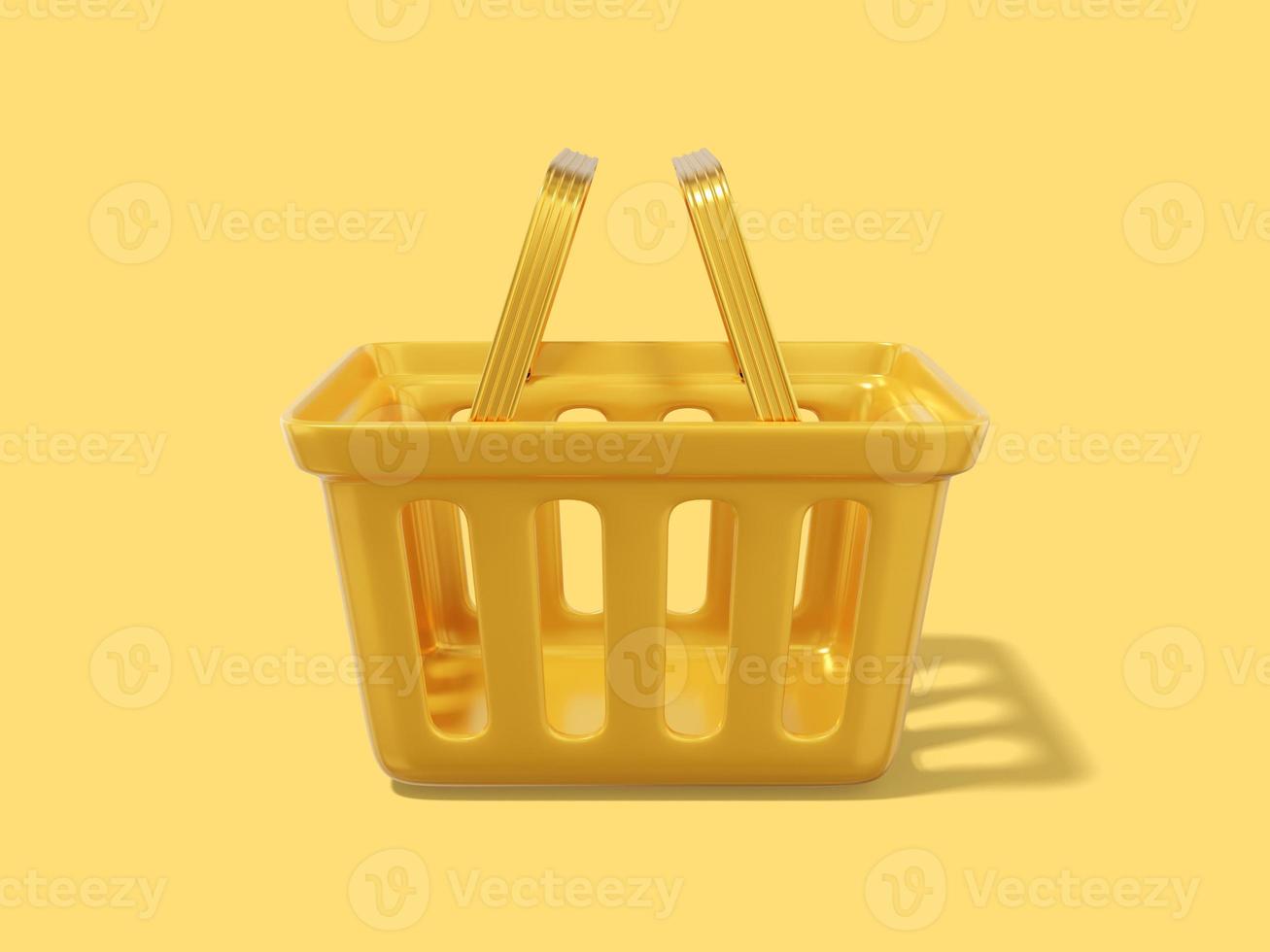 Yellow empty shopping cart. Plastic basket on yellow background. 3D rendering. photo