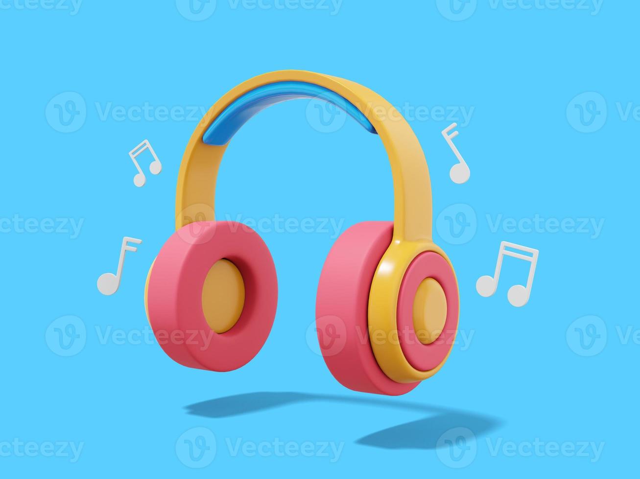 Multicolored headphones with music notes on blue background. 3d rendering. photo