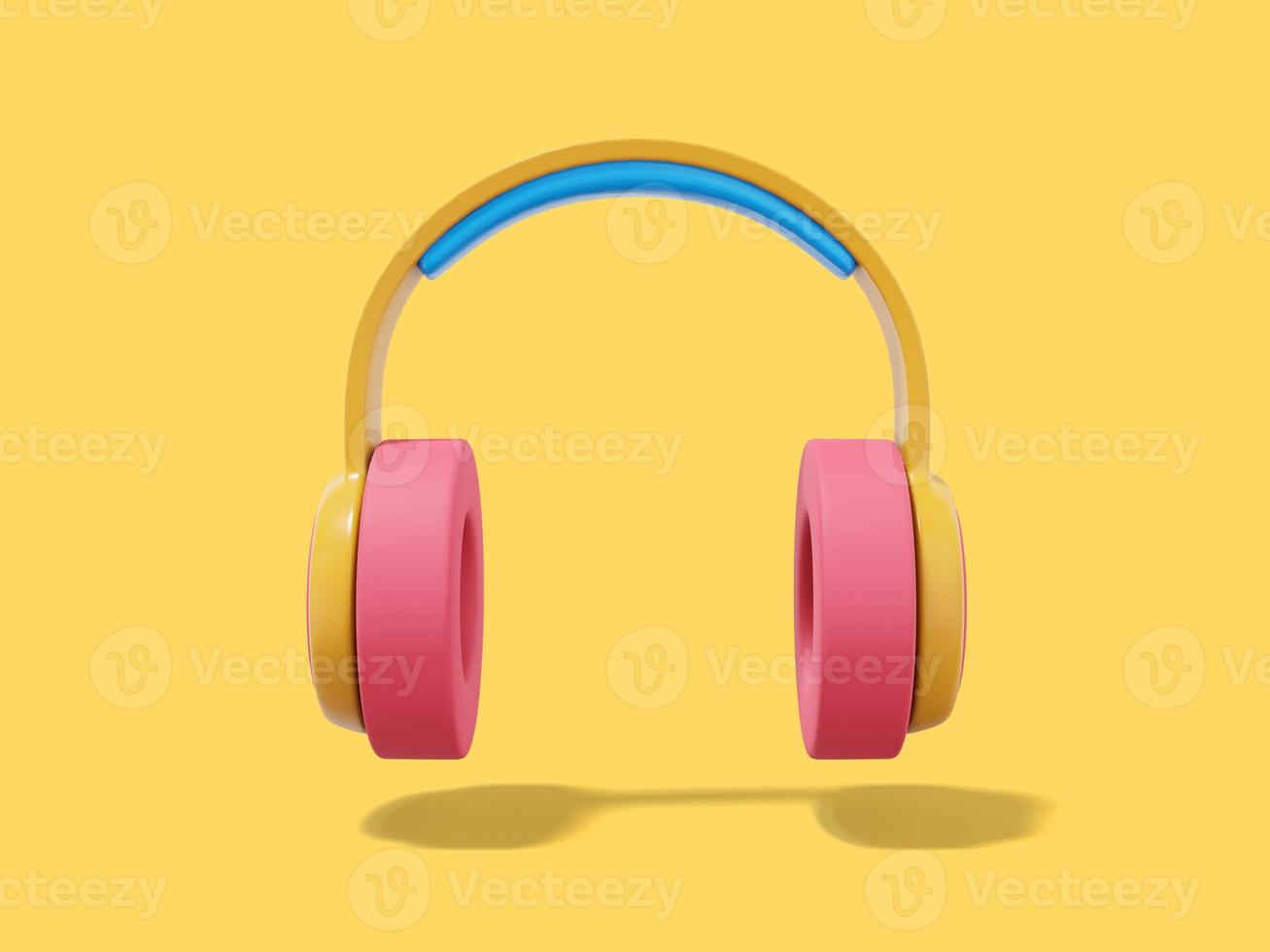 Multicolored headphones on yellow background. Front view. 3d rendering. photo
