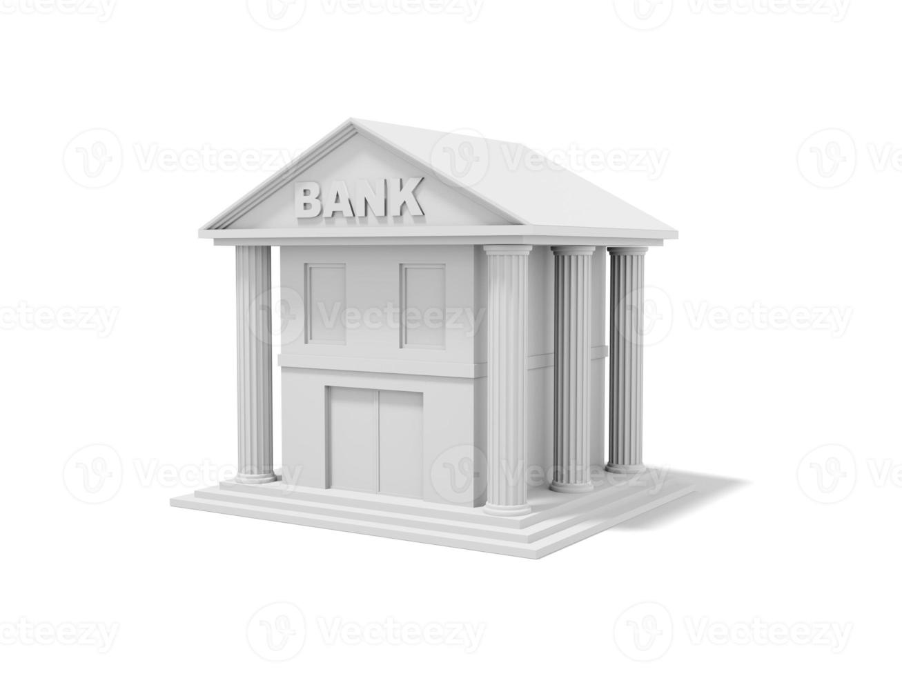 edificio de banco blanco con columnas, sobre fondo blanco, vista isométrica. representación 3d foto