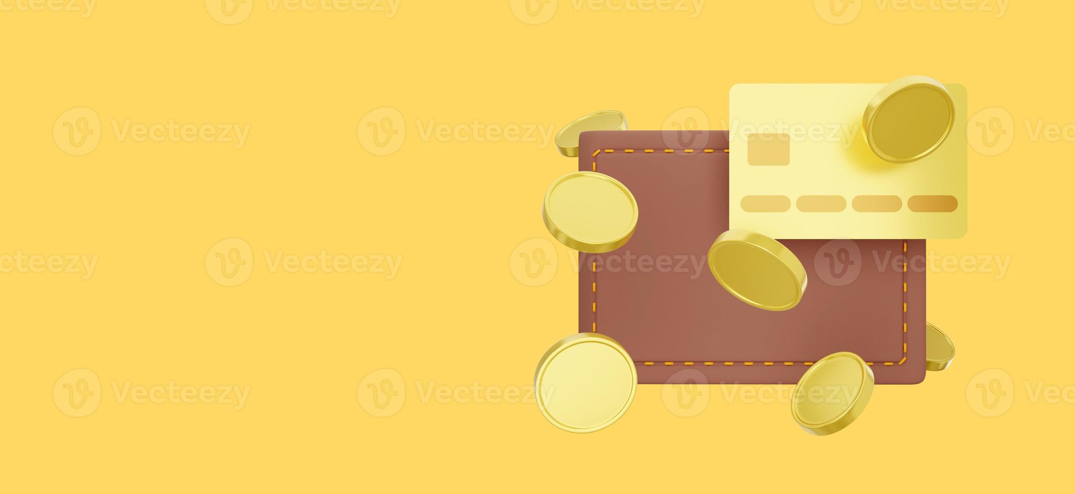 Savings, enrichment icon. Closed wallet with credit card, coins flying on yellow background, space for text banner. Payment concept. 3d rendering. photo
