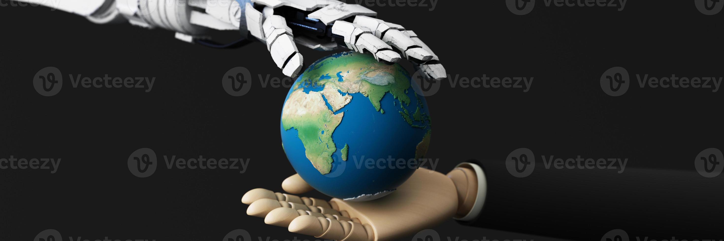 Artificial intelligence web banner. of a processor chip. The process of data processing. Developments in modern technologies. Microcircuits on neon glowing background. 3D rendering photo