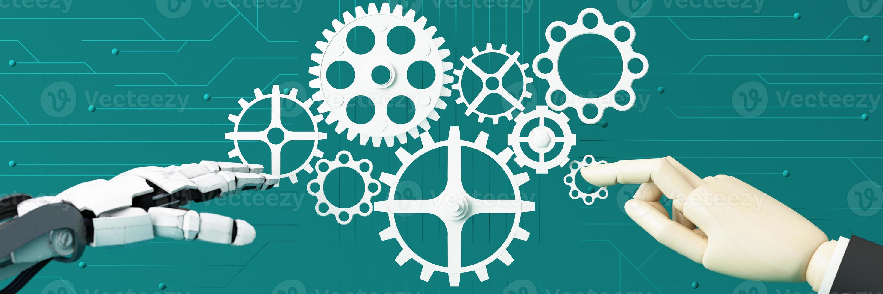 Artificial intelligence web banner. of a processor chip. The process of data processing. Developments in modern technologies. Microcircuits on neon glowing background. 3D rendering photo