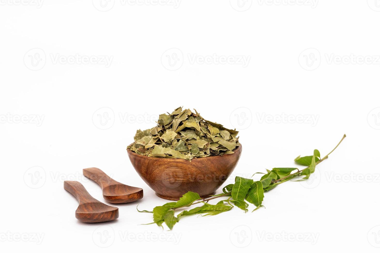 Ayurvedic neem or azadirachta indica or ayurveda dry green leaves isolated on white background photo