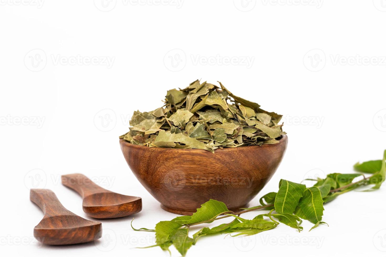 Ayurvedic neem or azadirachta indica or ayurveda dry green leaves isolated on white background photo