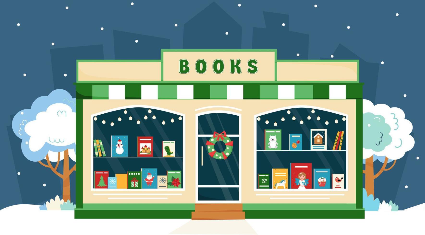 Book shop window with Christmas decoration. Christmas shop. Books on the shop window. Book shop front. Vector illustration in flat style.