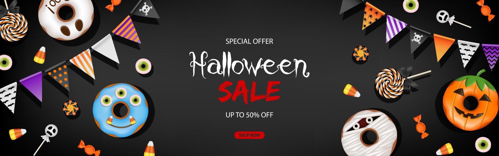 halloween sale banner with colorful pennants and sweets vector