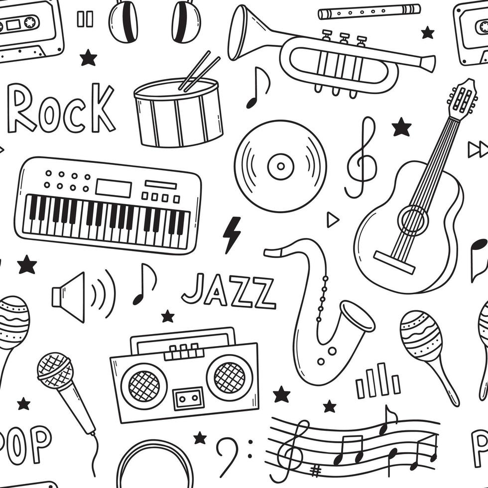 Hand drawn seamless pattern of music doodle. Musical instruments, notes, headphones in sketch style. Vector illustration