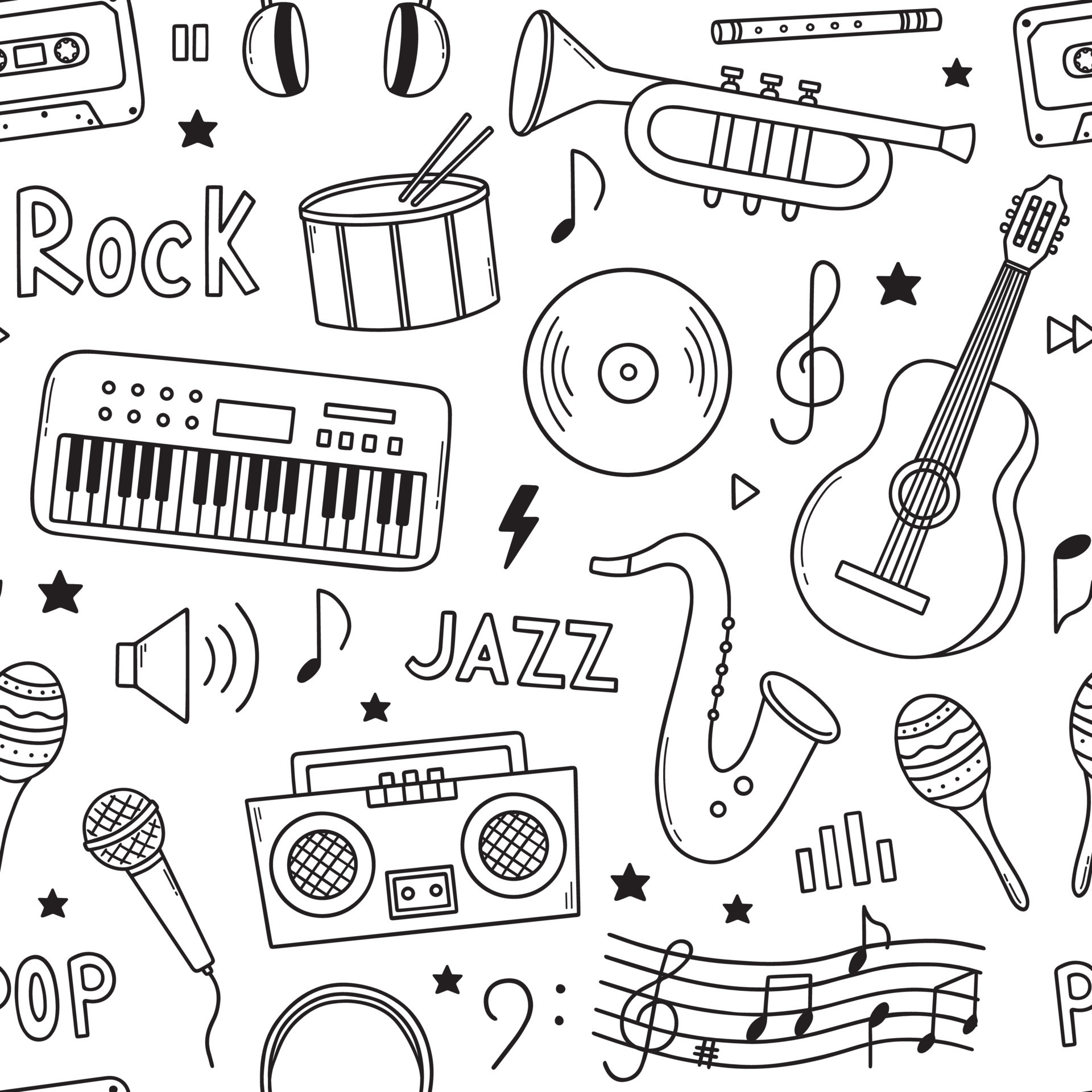 Hand drawn seamless pattern of music doodle. Musical instruments, notes