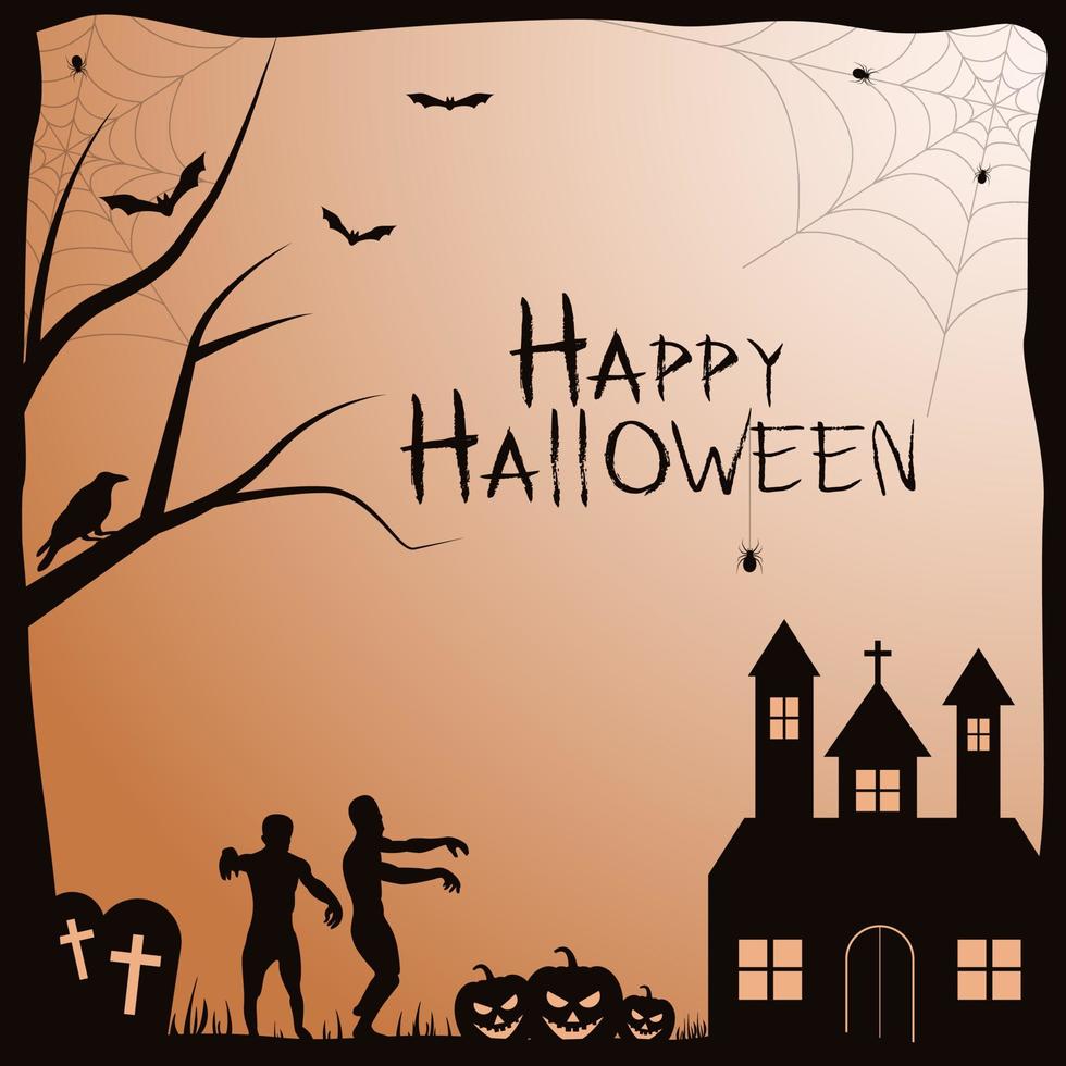 Halloween card with silhouettes of zombies, crow, bobcat, pumpkins and spiders vector