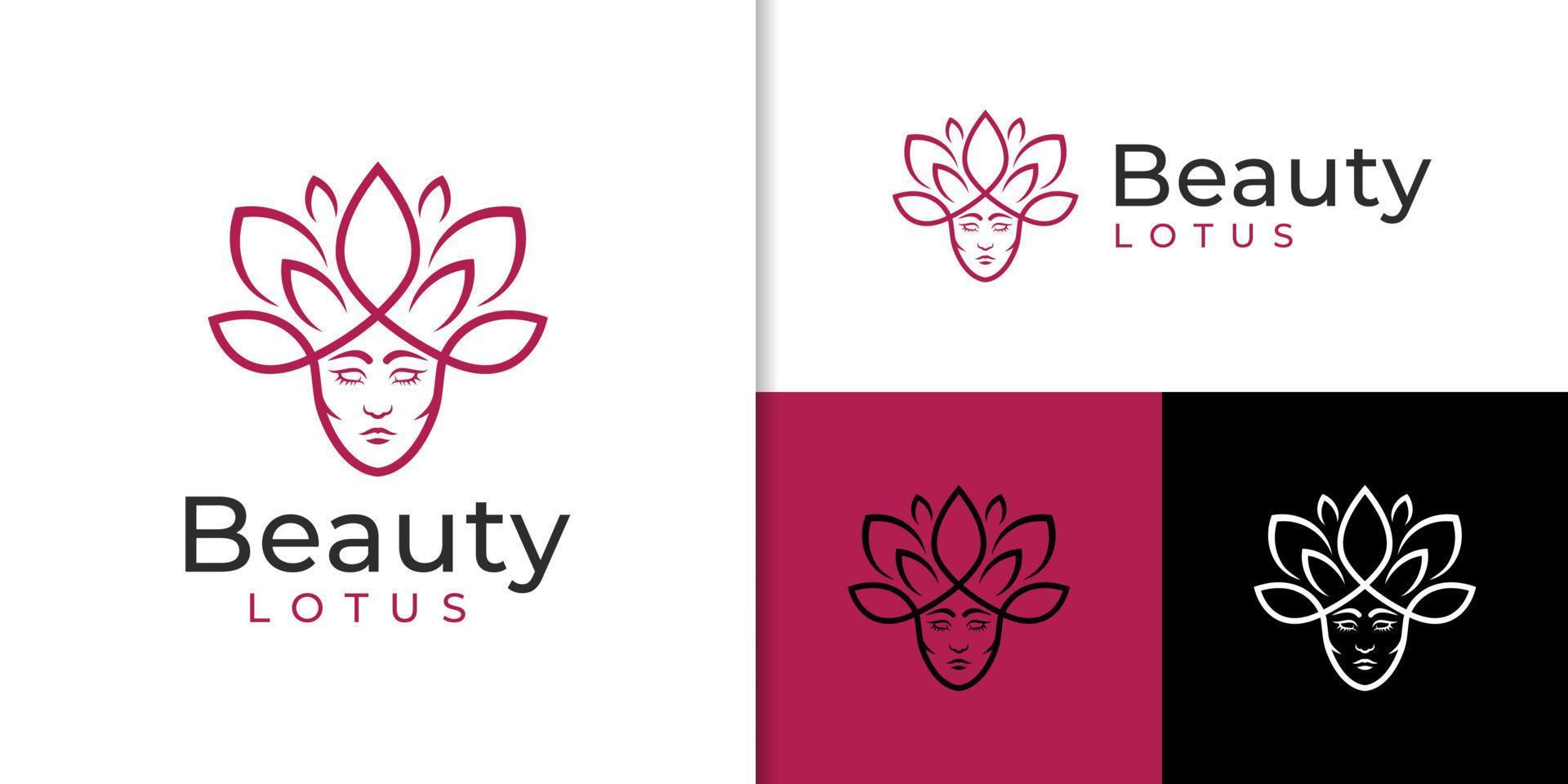 cara mujer elegante belleza de flores de loto con estilo de arte de línea para cosméticos, yoga y plantilla de logotipo de spa vector