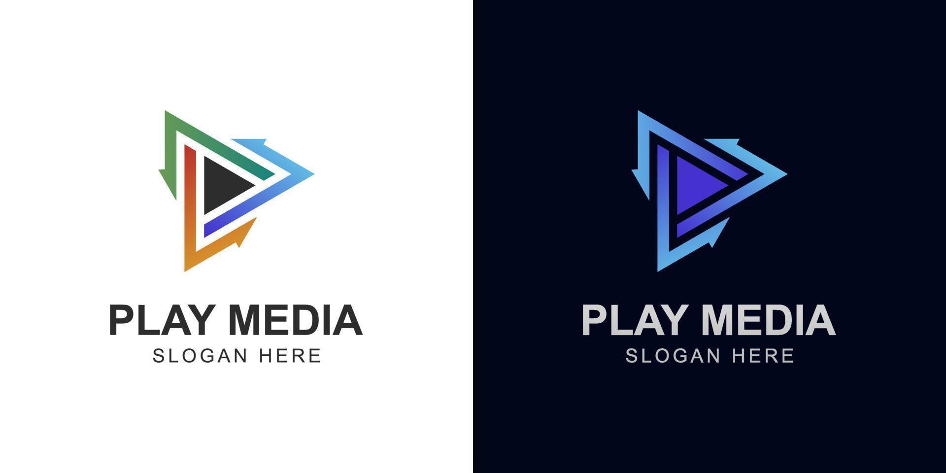 Play button logo design with arrow symbol, modern technology media logo template vector