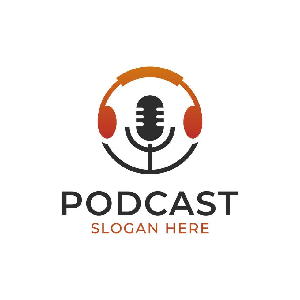 elemento de logotipo de programa de entrevistas de podcast con diseño de logotipo moderno de auriculares vector