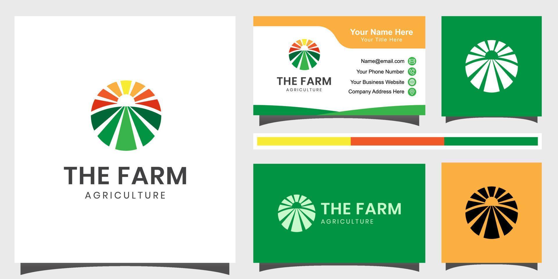 agriculture farmer garden nature with sun logo design and business card vector