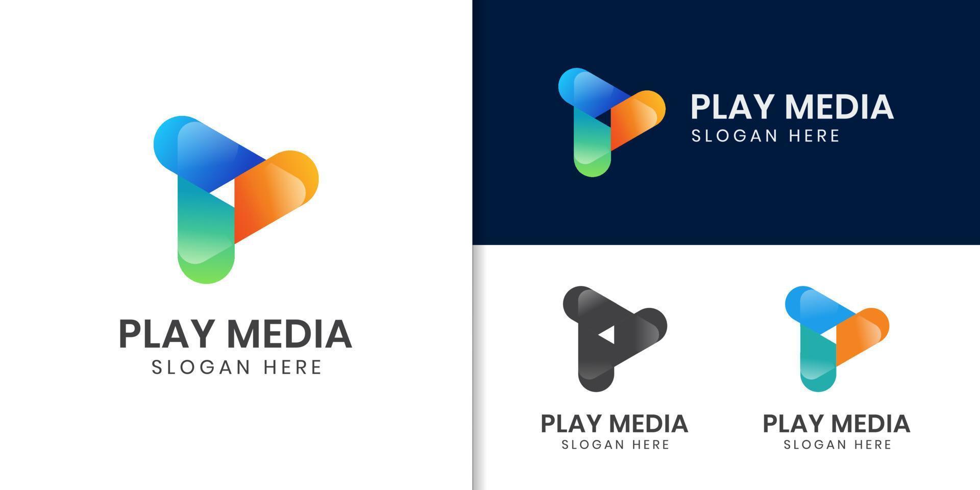 colorful media play logo design. Play button logo design shape symbol for modern technology media vector