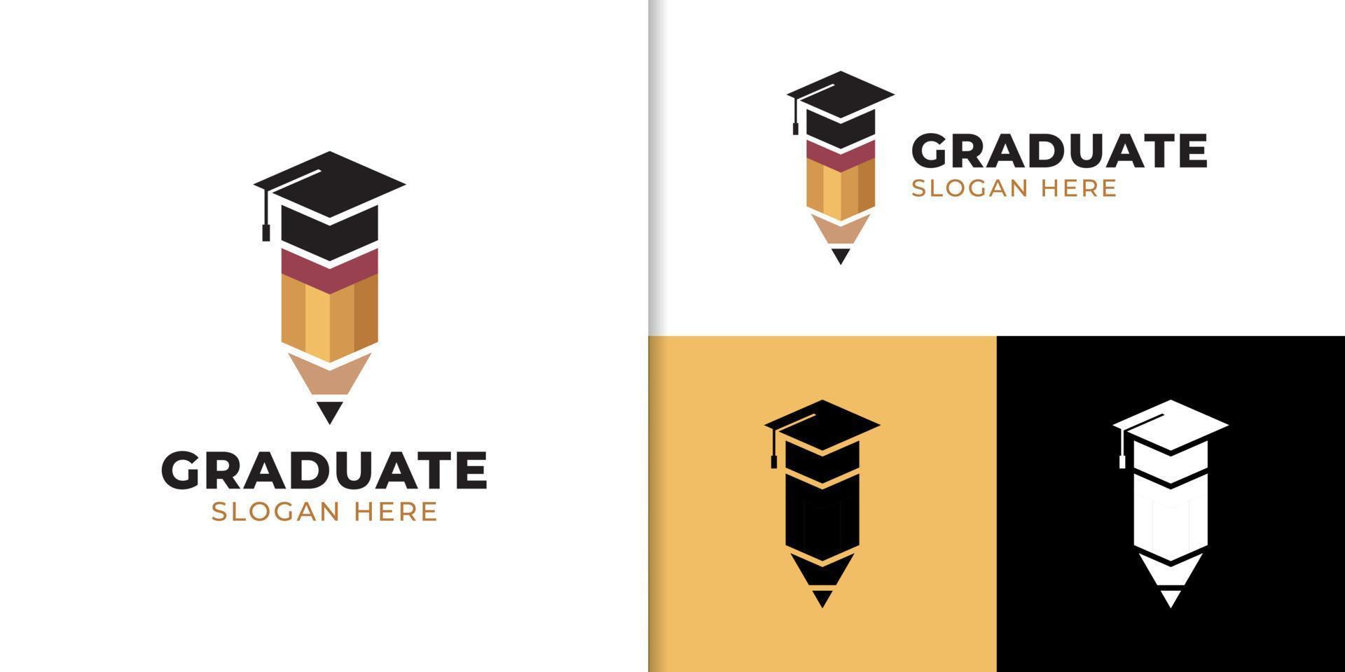 elemento de logotipo de graduación académica creativa con logotipo de educación de lápiz y gorra para escuela, universidad, universidad, posgrado vector