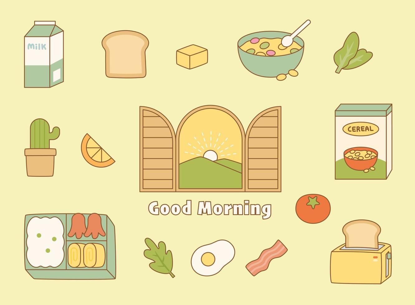 Cute color breakfast object. It is placed around the window. flat design style vector illustration.