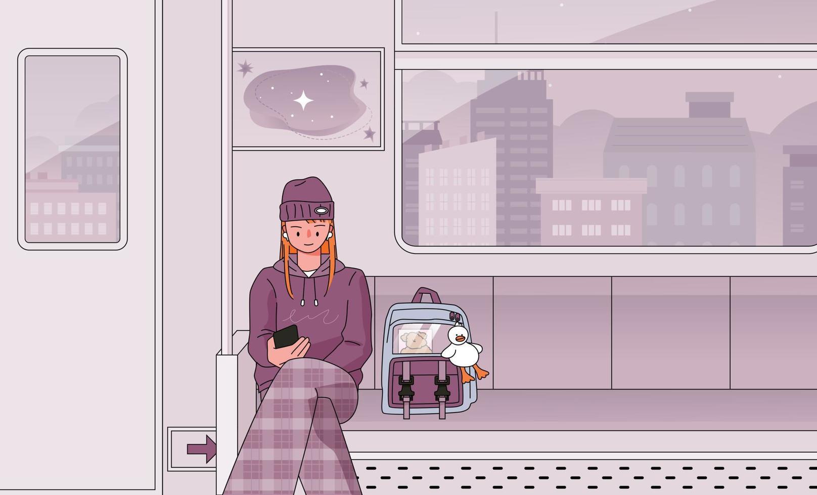 una niña está sentada en un asiento del metro y mira su teléfono. ella tiene una bolsa tirada a su lado. la ciudad es visible en el fondo. ilustración vectorial de estilo de diseño plano. vector