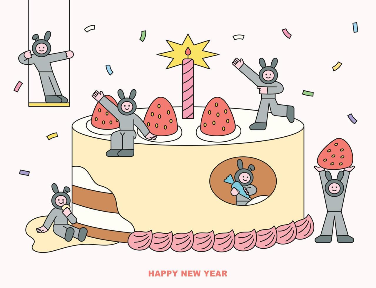 Black rabbits, the symbol of 2023, are making a huge celebration cake. flat design style vector illustration.