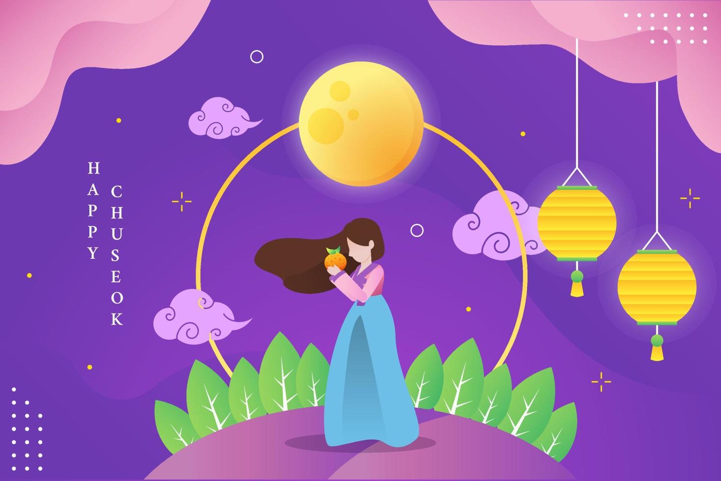 ilustración de mujer celebrando el día de chuseok bajo la luna mientras sostiene naranja vector