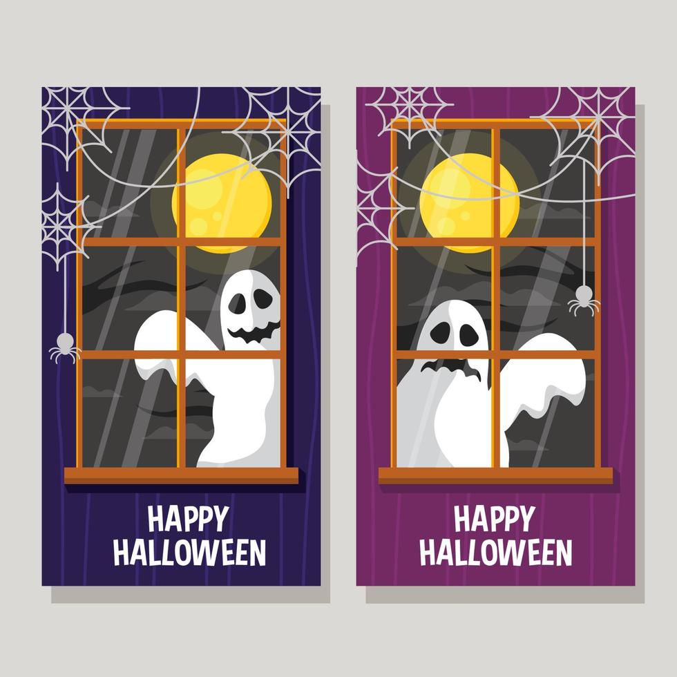Banner of happy halloween with cute ghost peeking outside the window vector