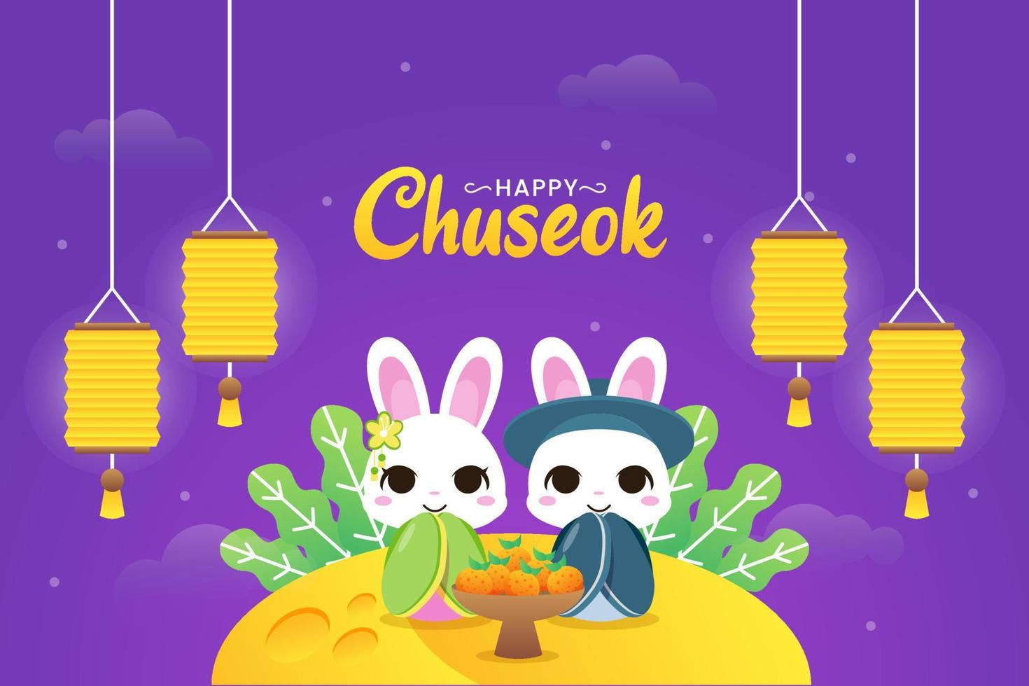 Illustration of Happy chuseok with couple cute rabbit sitting in the moon with lanterns and oranges vector