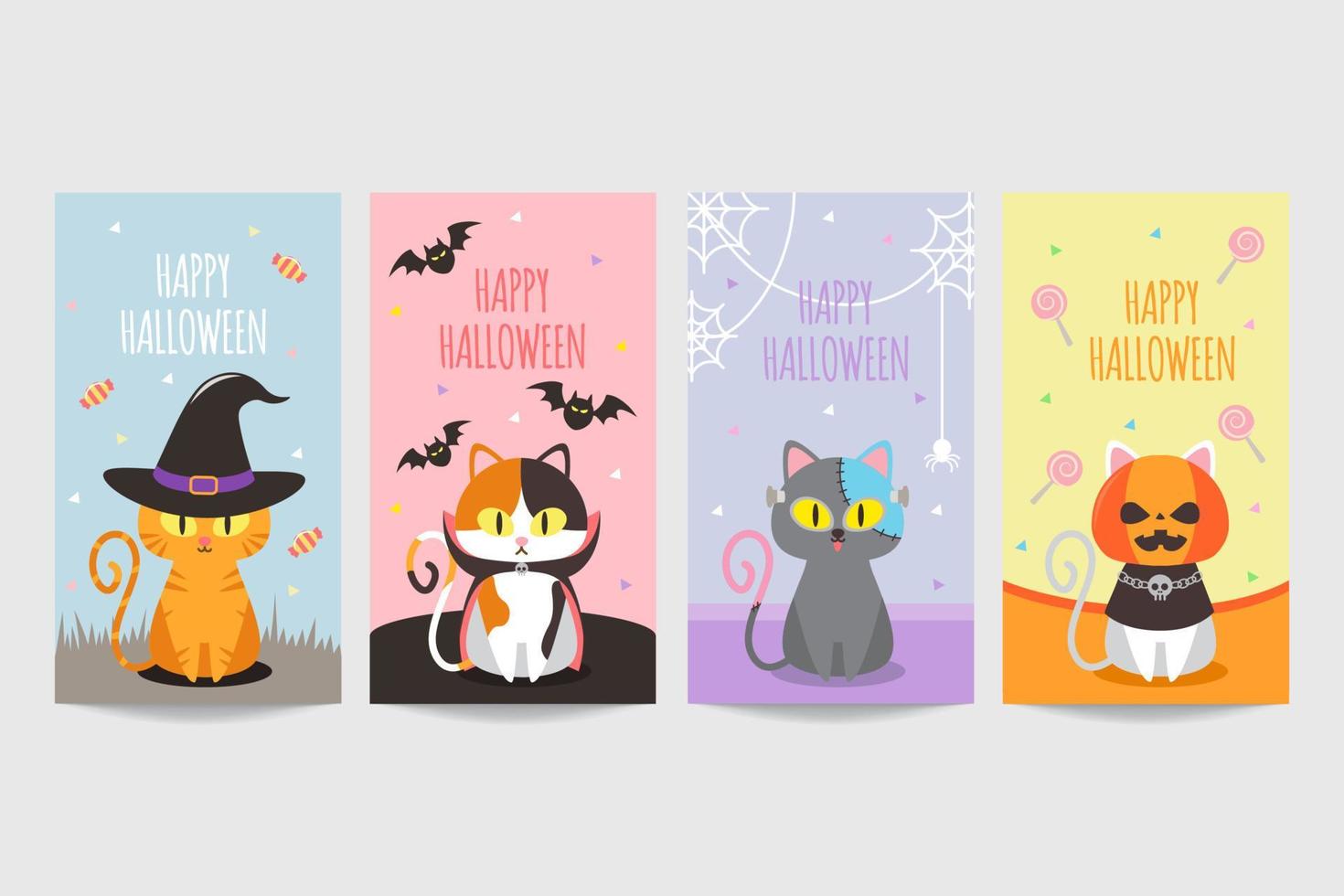 Colorful happy halloween banner with cute cat wearing costume vector
