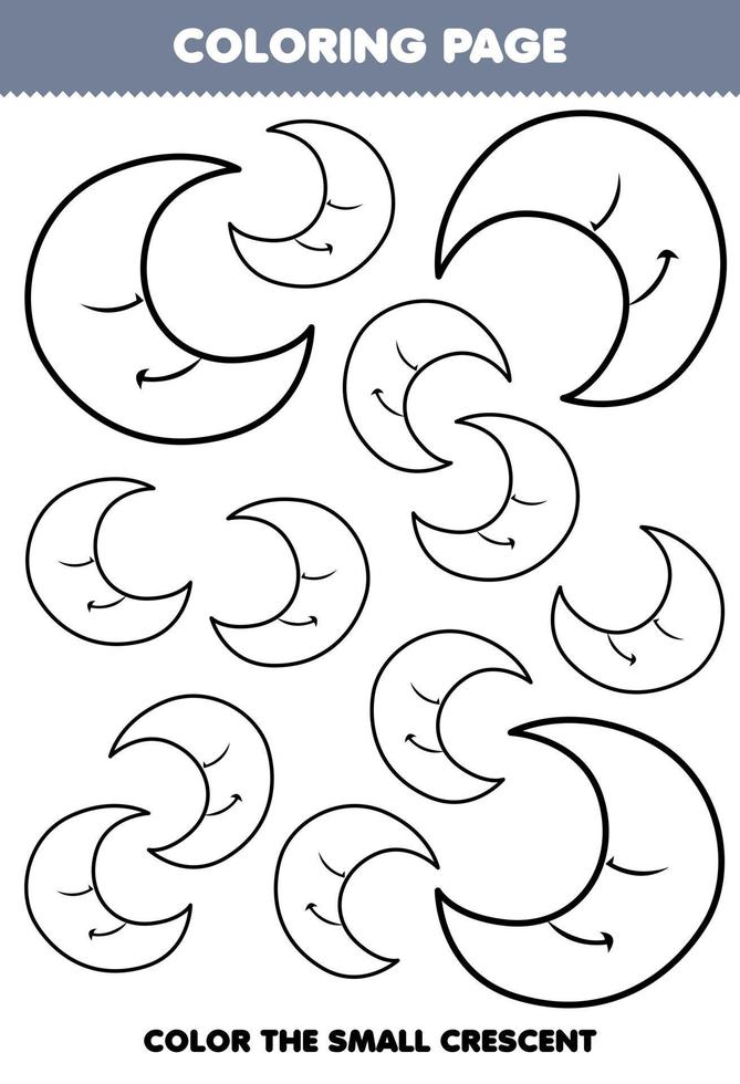 Education game for children coloring page big or small picture of geometric shape crescent line art printable worksheet vector