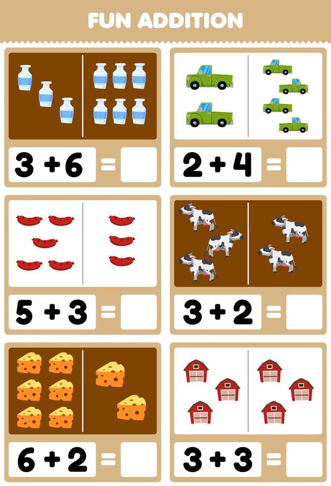 Education game for children fun addition by counting and sum of cute cartoon milk truck sausage cow cheese barn printable farm worksheet vector
