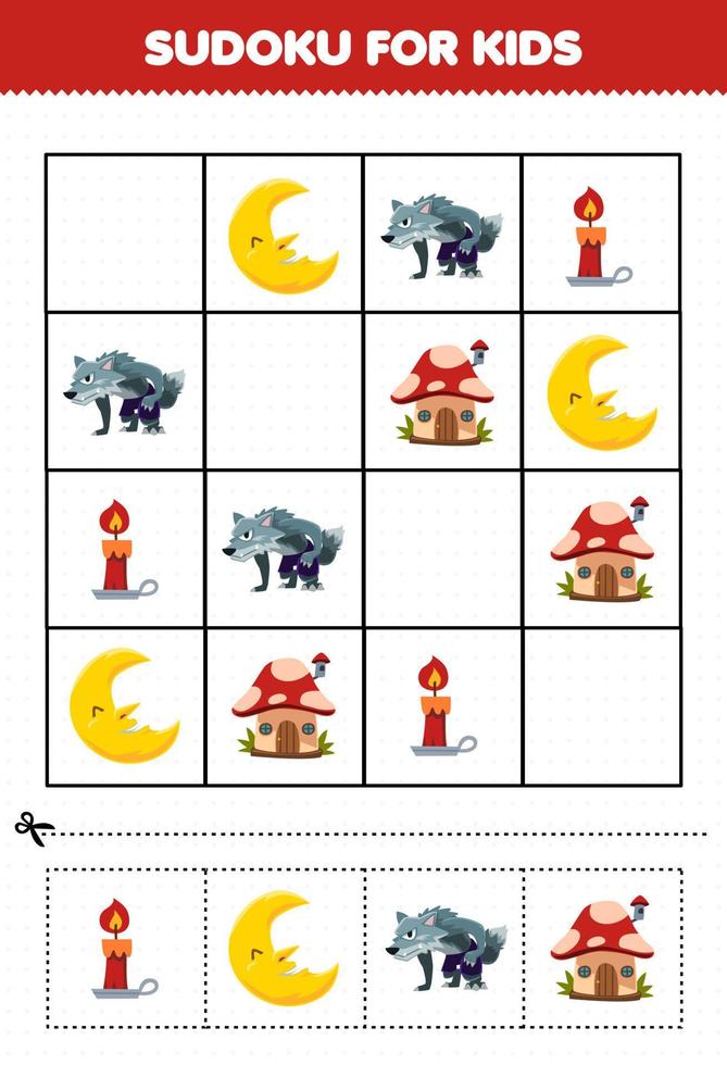 juego educativo para niños sudoku para niños con linda caricatura luna vela hongo casa hombre lobo hoja de trabajo imprimible de halloween vector