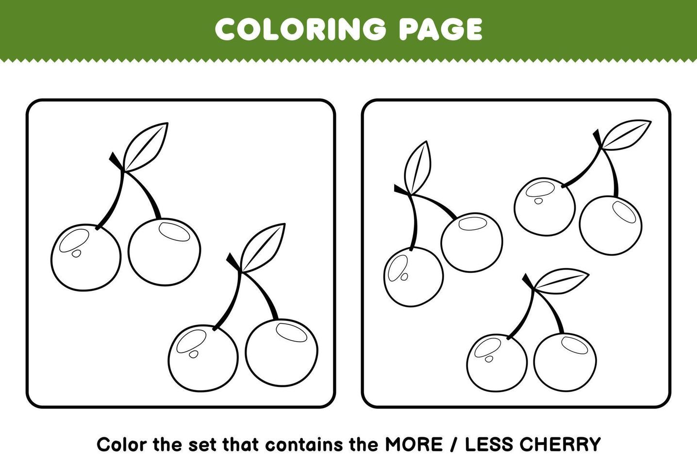 Education game for children coloring page more or less picture of cartoon cherry fruit line art set printable worksheet vector