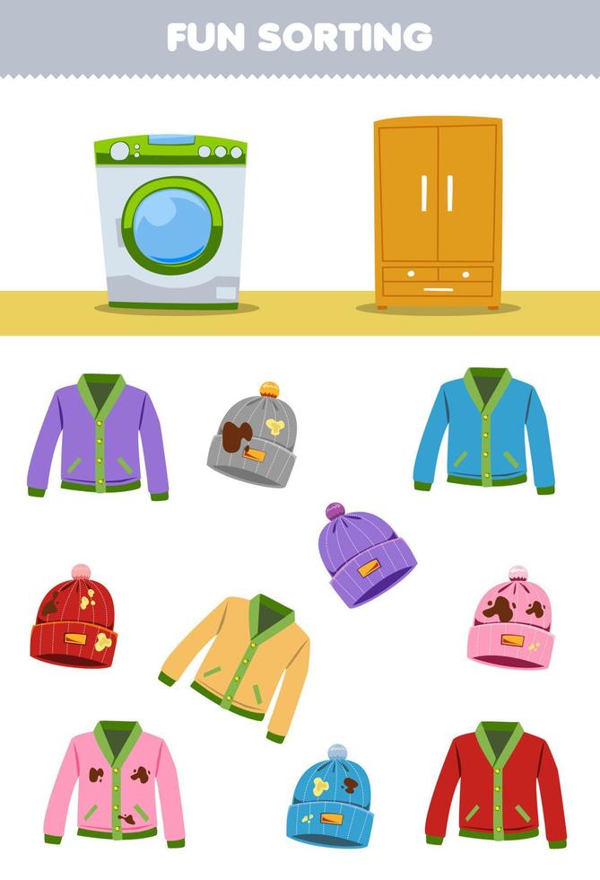 Education game for children fun sorting clean or dirty cardigan and beanie wearable clothes to washing machine or cupboard printable worksheet vector