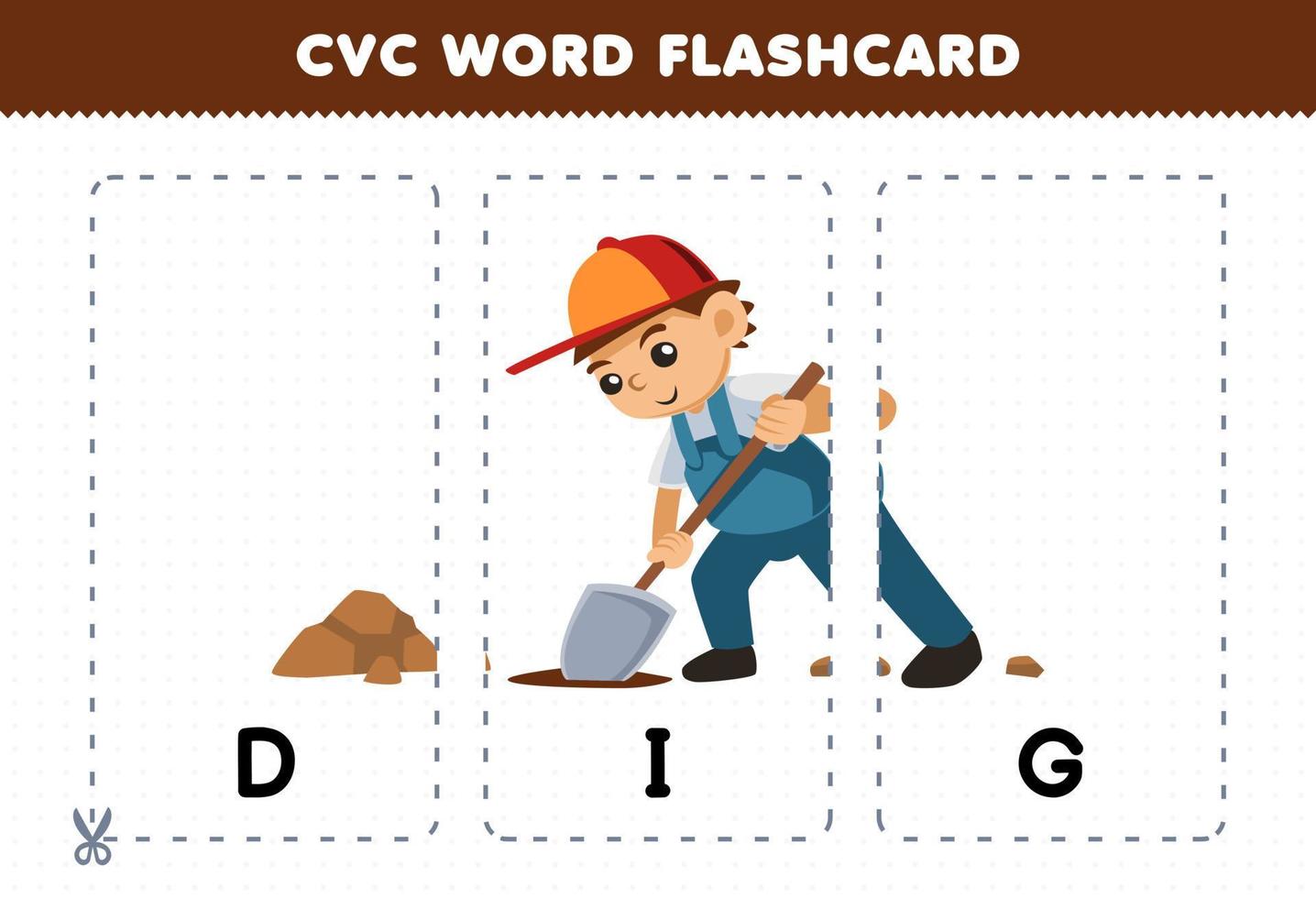 juego educativo para niños que aprenden consonante vocal consonante palabra con dibujos animados lindos ilustración de excavación tarjeta flash imprimible vector