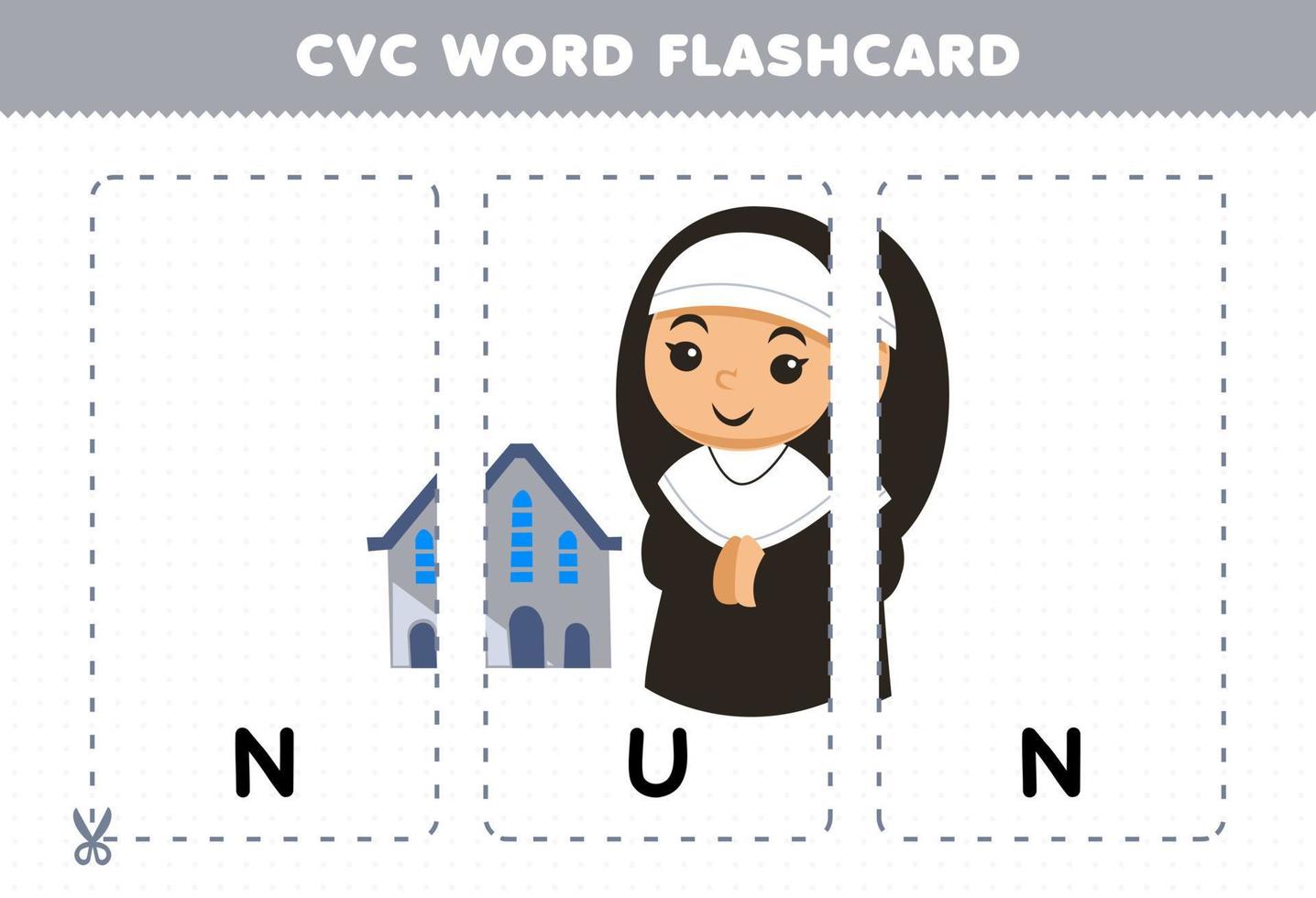 Education game for children learning consonant vowel consonant word with cute cartoon NUN illustration printable flashcard vector