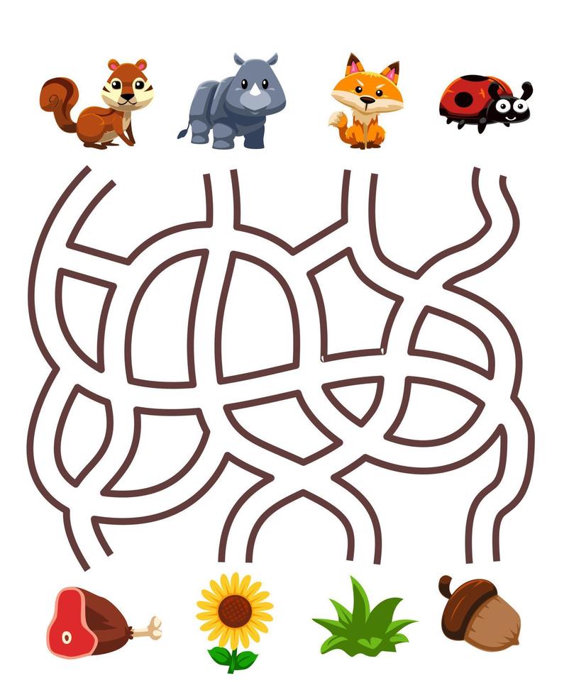 Maze puzzle game for children pair cute cartoon squirrel rhino fox ladybug with the correct food printable worksheet vector