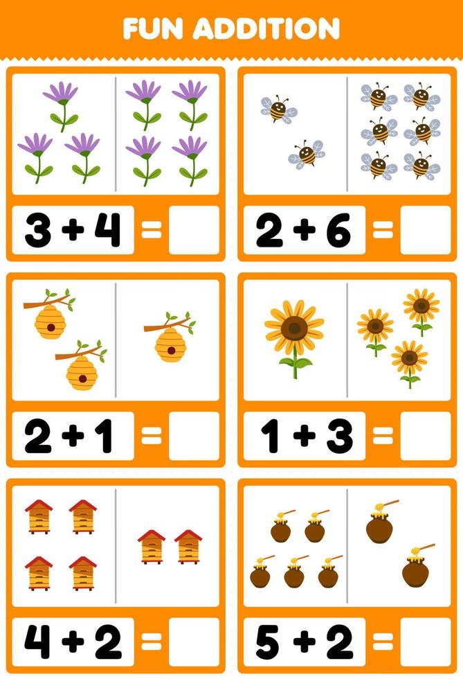 Education game for children fun addition by counting and sum of cute cartoon bee beehive sunflower honey printable farm worksheet vector