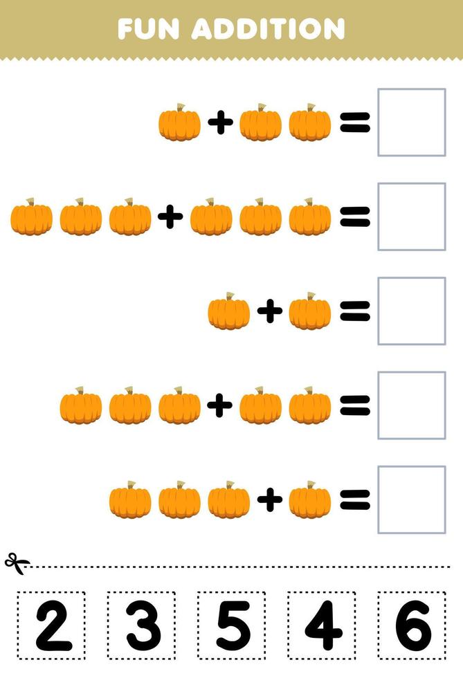 Education game for children fun addition by cut and match correct number for cartoon pumpkin vegetable printable worksheet vector